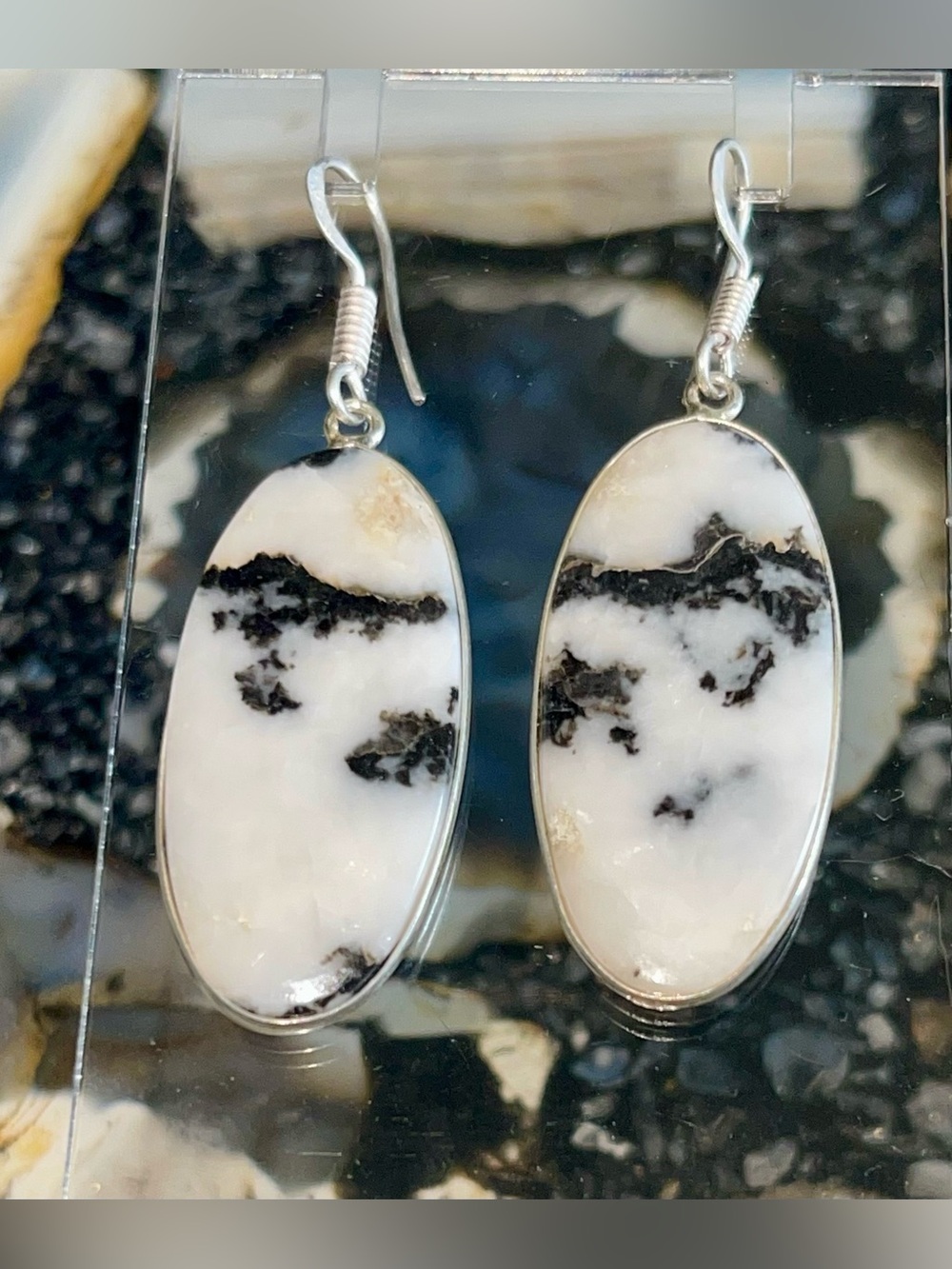 Thin White Buffalo Turquoise Earrings 2” - Picture 8 of 17
